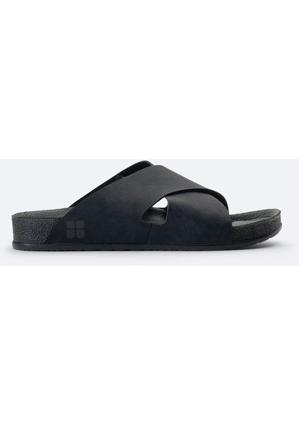 Erkek Siyah Çapraz Bantlı Deri Görünümlü Esnek Taban Terlik A41y8300