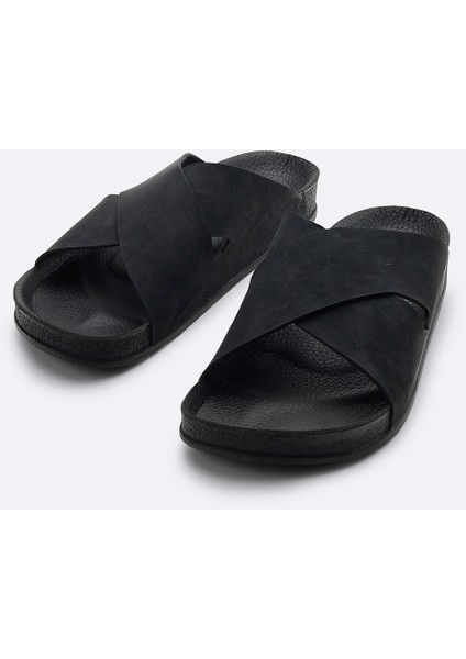 Erkek Siyah Çapraz Bantlı Deri Görünümlü Esnek Taban Terlik A41y8300