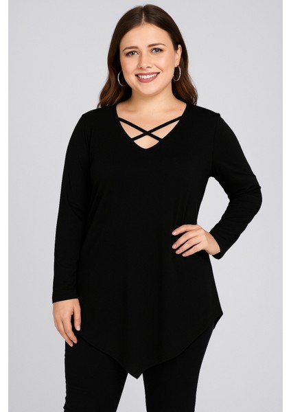 Büyük Beden Yaka Çapraz Biyeli Üçgen Etek Uzun Kol Bluz