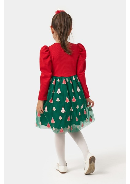 Yeşil Eteği Çam Ağaçlı Kız Çocuk Elbise - Nomi modelleri