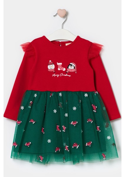 Kırmızı Yılbaşı Temalı Tül Etekli Kız Bebek Elbise - Annabel
