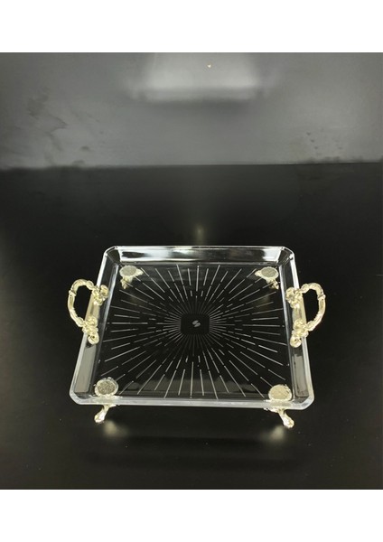 Kristal Metal Ayaklı Yaldızlı Kare Pasta Sunumluk Kurabiyelik Tepsi