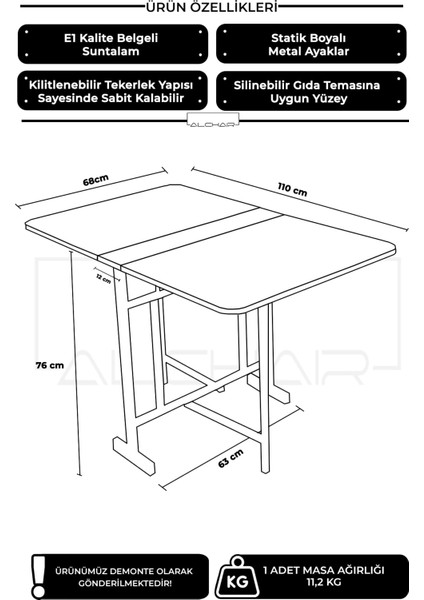 Demaz Serisi 1.sınıf 70x110 Gri Mermer Desen Açılabilir Katlanabilir Tekerlekli Masa Yemek Masası Siyah Metal Ayak