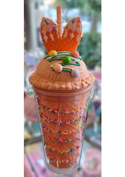 Dondurma Külahı Figürlü Süslü Kapaklı Pipetli Plastik Bardak 470ML AD15995