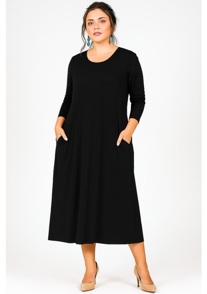 Büyük Beden Geniş Kesim Uzun Kol Viskon Elbise
