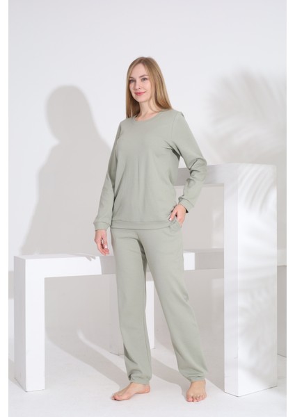 %100 Pamuk Petek Örgü Kumaş Uzun Kol Manşetli Cepli Kadın Pijama Takımı 98520
