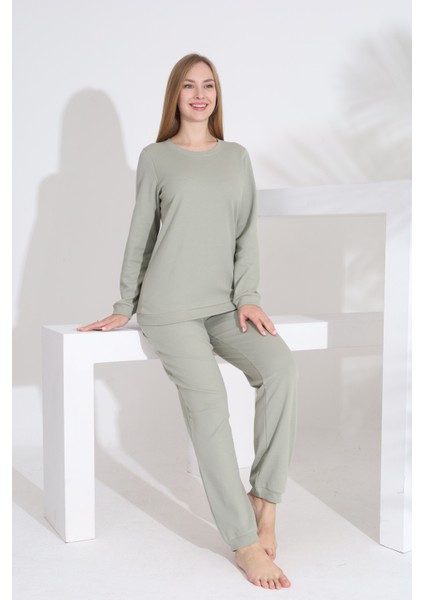 %100 Pamuk Petek Örgü Kumaş Uzun Kol Manşetli Cepli Kadın Pijama Takımı 98520 modelleri