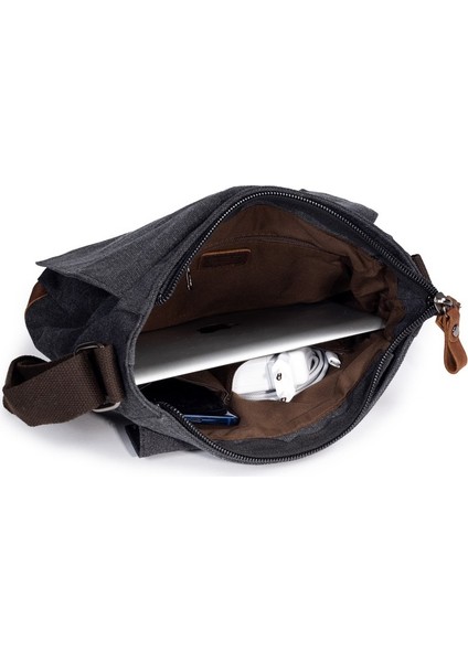 Kanvas Kapaklı Çok Gözlü Çapraz Postacı Çanta Siyah