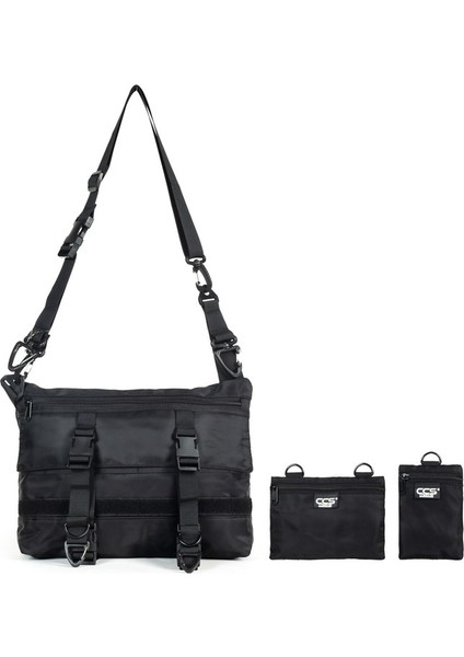 Çok Gözlü Çıkartılabilen Aksesuarlı Postacı Çantası Siyah