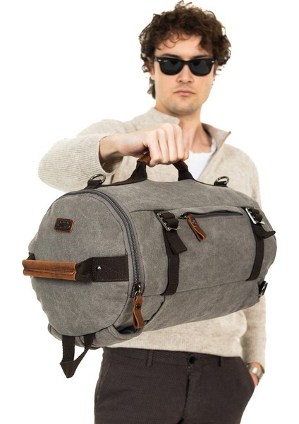 Kanvas Kumaş Silindir Çok Gözlü Hem Sırt Hem Omuz & El Çantası Gri