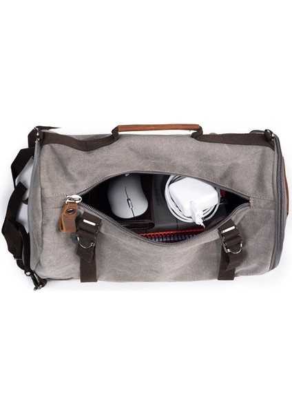 Kanvas Kumaş Silindir Çok Gözlü Hem Sırt Hem Omuz & El Çantası Gri