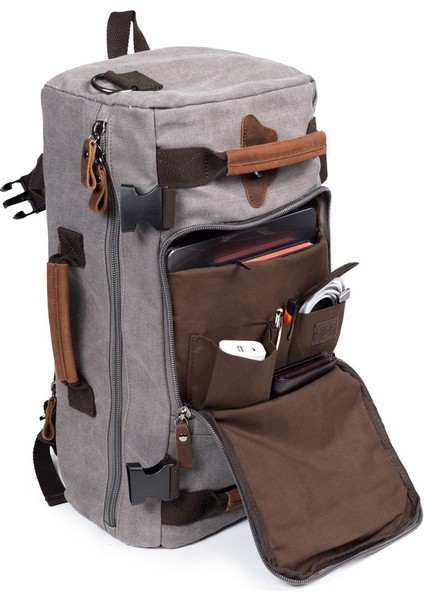 15,6 Laptop Bölmeli Kanvas Kumaş Dağcı & Seyehat & Günlük Çok Gözlü Hem Sırt Hem Omuz & El Çantası Haki