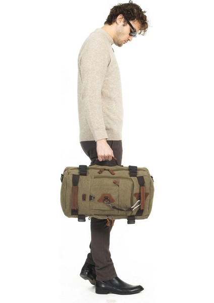 15,6 Laptop Bölmeli Kanvas Kumaş Dağcı & Seyehat & Günlük Çok Gözlü Hem Sırt Hem Omuz & El Çantası Haki