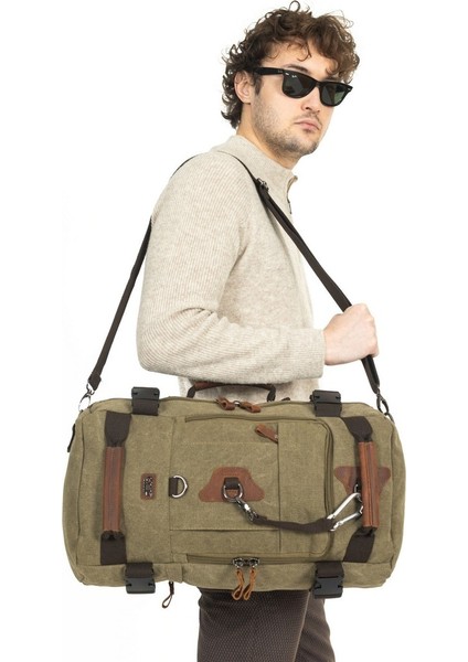 15,6 Laptop Bölmeli Kanvas Kumaş Dağcı & Seyehat & Günlük Çok Gözlü Hem Sırt Hem Omuz & El Çantası Haki