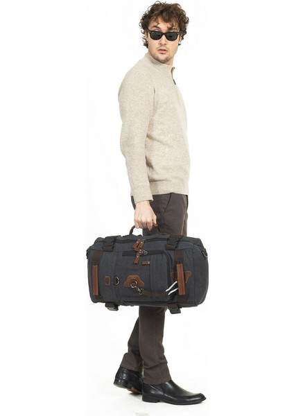 15,6 Laptop Bölmeli Kanvas Kumaş Dağcı & Seyehat & Günlük Çok Gözlü Hem Sırt Hem Omuz & El Çantası Siyah