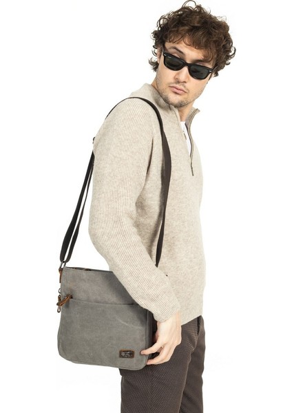 Omuz Askılı Çok Gözlü Kanvas Postacı Çantası Gri