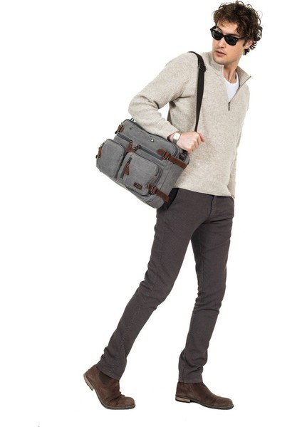 Kanvas Kumaş , Çok Fonksiyon, Tek Şıklık 15,6 Inç Laptop Bölmeli Hem El Hem Omuz Hem Sırt Çantası Siyah Gri