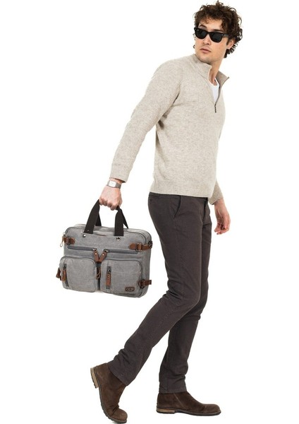 Kanvas Kumaş , Çok Fonksiyon, Tek Şıklık 15,6 Inç Laptop Bölmeli Hem El Hem Omuz Hem Sırt Çantası Siyah Gri