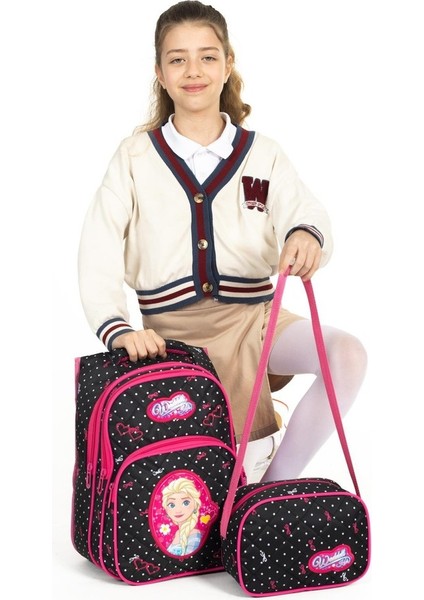 Karakterli Beslenmeli Ilkokul Sırt Çantası Siyah Pembe