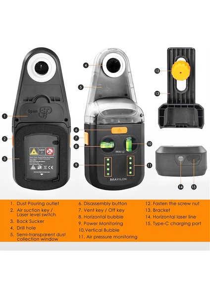 Mayilon 3&#39;ü 1 Arada Elektrikli Sondaj Toz Toplayıcısı Hassas Lazer Seviyesi (2m Kırmızı-Lazer) Yatay Kabarcık Seviyeleri Duvar Montajı Seviye (Yurt Dışından) fiyatları