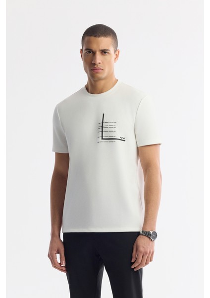 Erkek Ekru Bisiklet Yaka Baskılı Bi-Stretch İnterlok Regular Fit T-Shirt A51Y1135