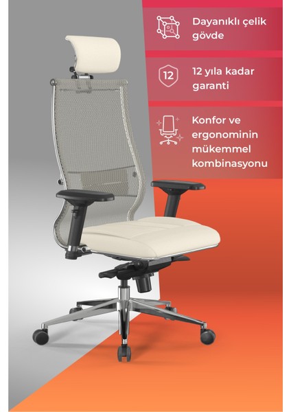 Samurai Ergonomik Koltuk | Bel Destekli, Tekerlekli, Yükseklik Ayarlı, Yönetici Koltuğu - 23.3.5.61 Süt Rengi