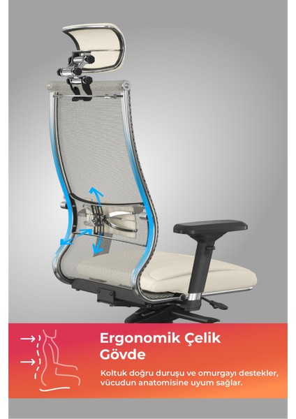 Samurai Ergonomik Koltuk | Bel Destekli, Tekerlekli, Yükseklik Ayarlı, Yönetici Koltuğu - 23.3.5.61 Süt Rengi fiyatları