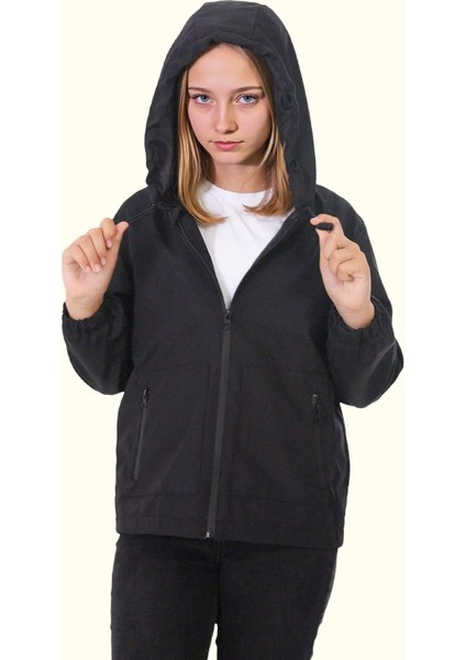 Kız Çocuk Astarlı Su ve Rüzgar Geçirmez Kapüşonlu Çift Fermuarlı Yağmurluk