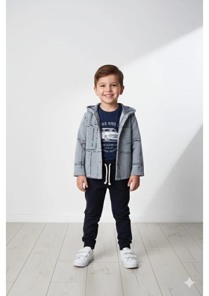 Erkek Çocuk Kapşonlu Hırka Tişört ve Pantolonlu 3'lü Takım