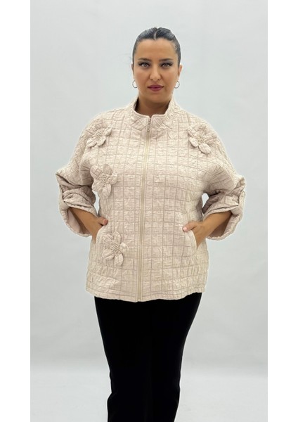 Büyük Beden Kapitone Cepli Fermuarlı Çiçek Detaylı Kapri Kol Oversize Kadın Ceket fiyatları