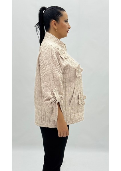 Büyük Beden Kapitone Cepli Fermuarlı Çiçek Detaylı Kapri Kol Oversize Kadın Ceket modelleri