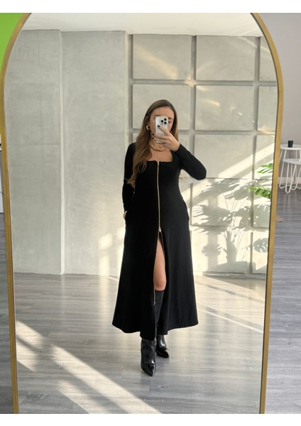 Gold Fermuarlı Kare Yaka Elbise