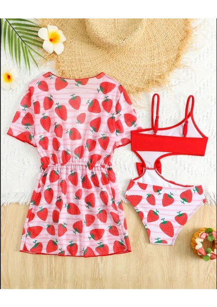 Çocuk Bikini Mayo Mayokini Çilek Desenli Bikini Takımı Pareo Seti
