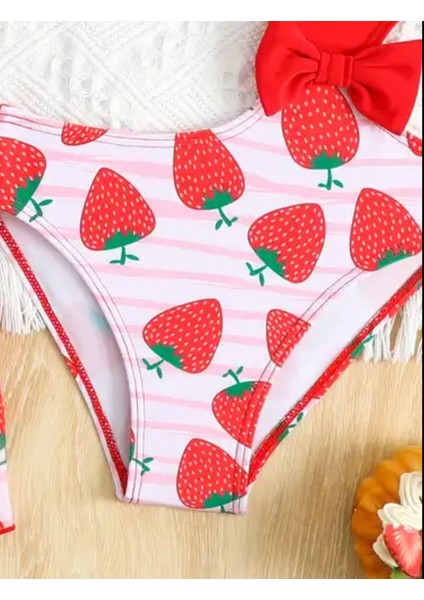 Çocuk Bikini Mayo Mayokini Çilek Desenli Bikini Takımı Pareo Seti modelleri