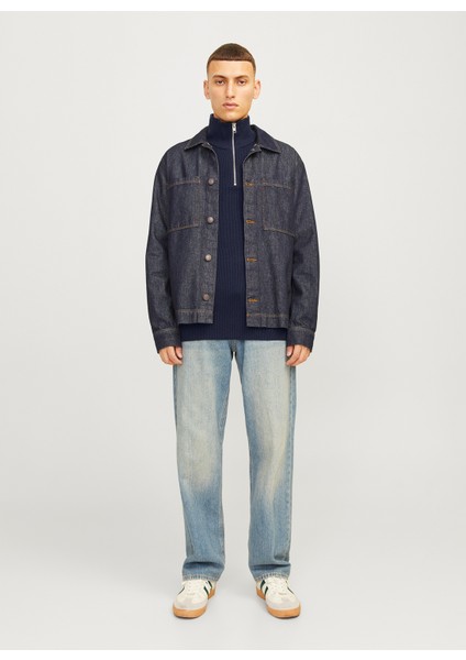 Bisiklet Yaka A-Form Fit Lacivert Erkek Kazak 12257773_JJEPERFECT Knıt Half Zıp S