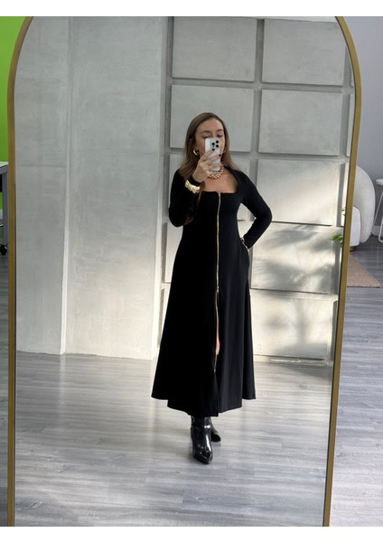 Gold Fermuarlı Kare Yaka Elbise modelleri