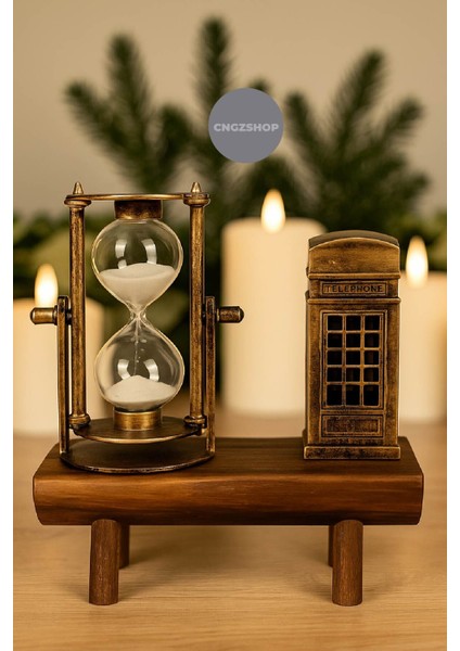 Vintage Kum Saati ve Telefon Kulübesi Dekoratif Biblo | Ahşap Standlı Retro Masa Üstü Aksesuar fiyatları