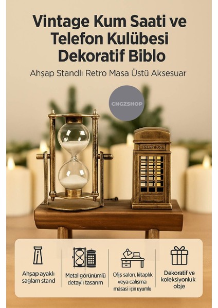Vintage Kum Saati ve Telefon Kulübesi Dekoratif Biblo | Ahşap Standlı Retro Masa Üstü Aksesuar modelleri