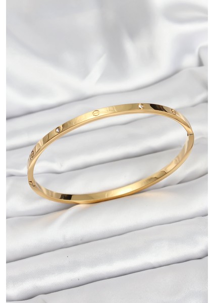 316L Çelik Gold Renk Zirkon Taşlı 65 mm Ince Kadın Kelepçe Bileklik - Lisinya