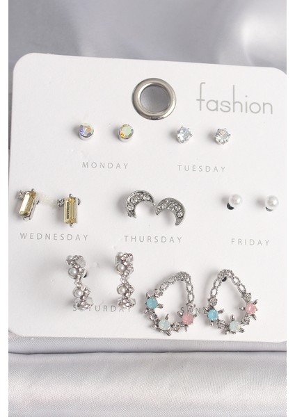 Pirinç Gümüş Renk Renkli Zirkon Taşlı Halka Damla Figür Hilal Detay 7 Çift Kadın Küpe Seti - Lisinya