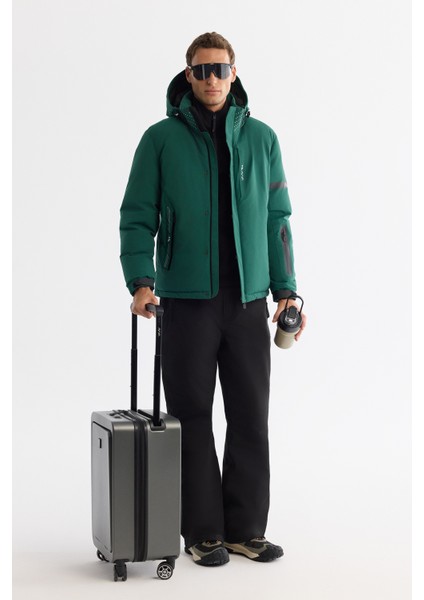 Erkek Yeşil Kapüşonlu Suİtici Rüzgar Geçirmez -20°C Dayanıklı Comfort Fit Kayak Montu A42Y6159