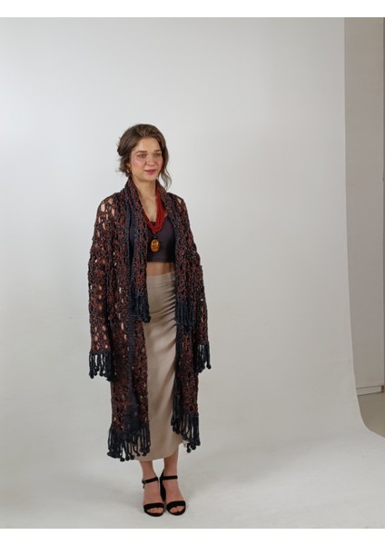 Hippybutik Ceviz Yeşili Petrol Mavisi Turuncu Karma Akıllı Ip Fular Detaylı El Yapımı Büyük Beden Ceket/hırka