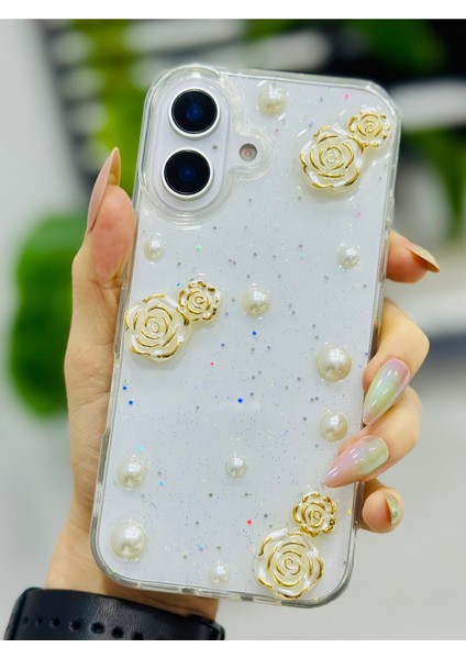 Iphone 16 Uyumlu Inci Gül Tasarımlı Oyuncaklı Silikon Kılıf