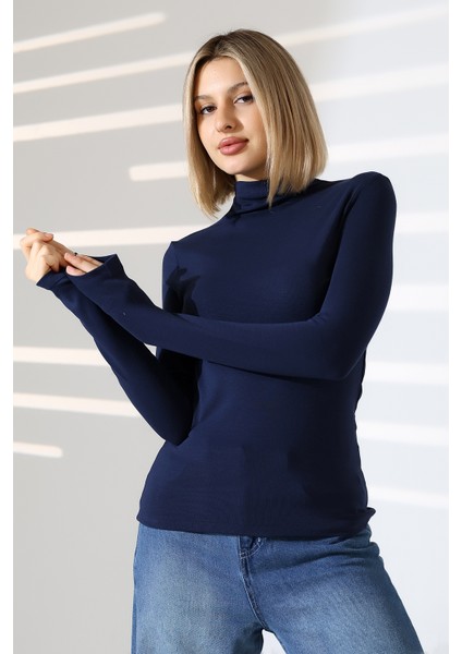Uzun Kol Dik Yaka Basic Kadın Body T-Shirt 21950 Lacivert