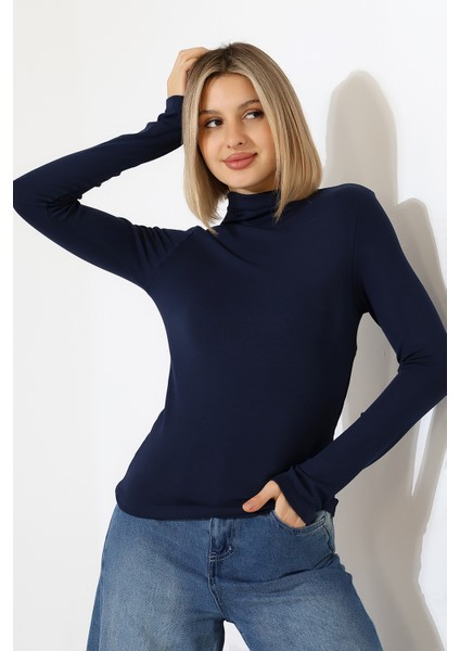 Uzun Kol Dik Yaka Basic Kadın Body T-Shirt 21950 Lacivert fiyatları