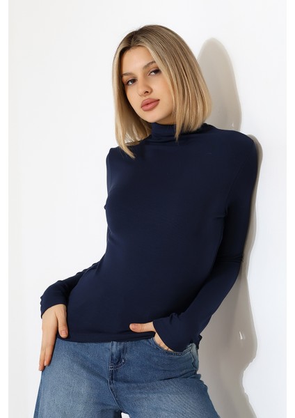 Uzun Kol Dik Yaka Basic Kadın Body T-Shirt 21950 Lacivert modelleri