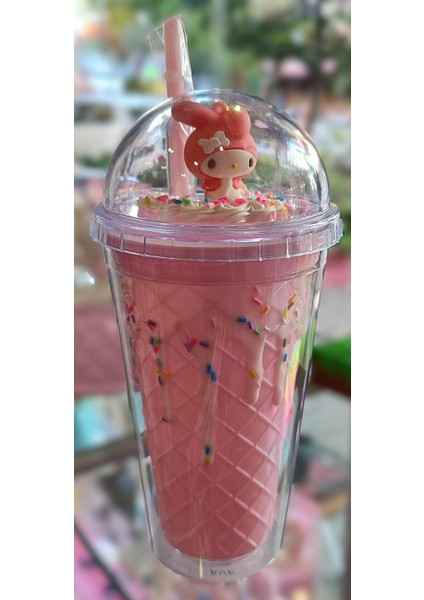 Dondurma Külahı Figürlü Süslü Kapaklı Pipetli Plastik Bardak 470ML AD15995