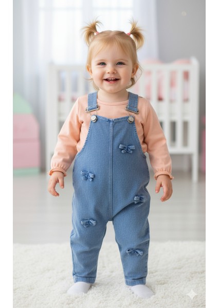 Fiyonklu Uzun Kollu Salopet Tulum Kız Bebek Çocuk 6-9 Ay, 9-12 Ay, 12-18 Ay, 18-24 Ay