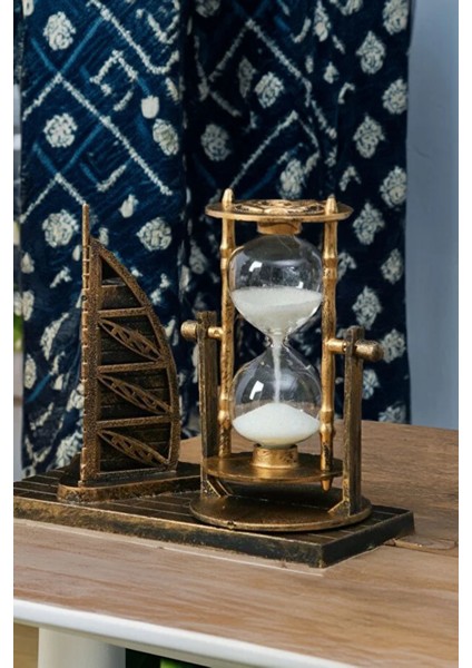 Zamanlı Kum Saati ve Yelken Dekor Kum Saati Seti 2li Dekoratif Bilblo Kum Saati Eskitme