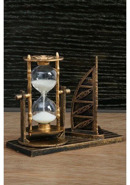 Zamanlı Kum Saati ve Yelken Dekor Kum Saati Seti 2li Dekoratif Bilblo Kum Saati Eskitme